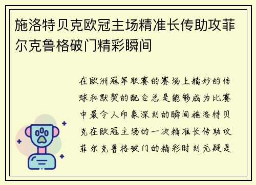 施洛特贝克欧冠主场精准长传助攻菲尔克鲁格破门精彩瞬间