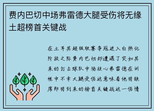 费内巴切中场弗雷德大腿受伤将无缘土超榜首关键战 费内巴切中场弗雷德大腿受伤将无缘土超榜首关键战